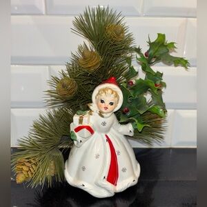 Vintage Napco Christmas Girl Planter Greenery Japan X-8389 Gifts